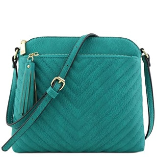 Chevron Quilted Medium Crossbody Bag in teal color with tassel