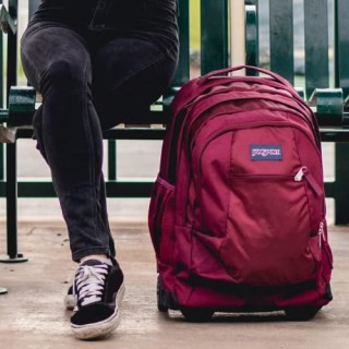 Jansport Driver 8 Rolling Backpack in misty rose color