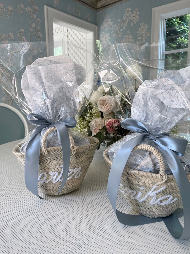Gift basket wrapping supplies including straw basket, cellophane bag, tissue paper, ribbon, and gift tag laid out on a flat surface.