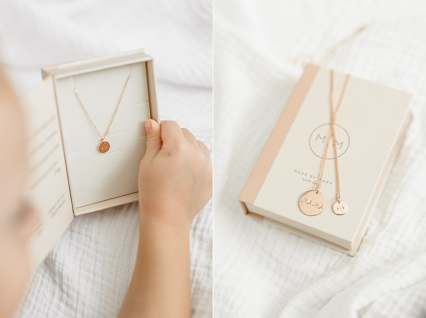 Two &quot;Mama&quot; and &quot;Sis&quot; necklaces displayed on a white surface.