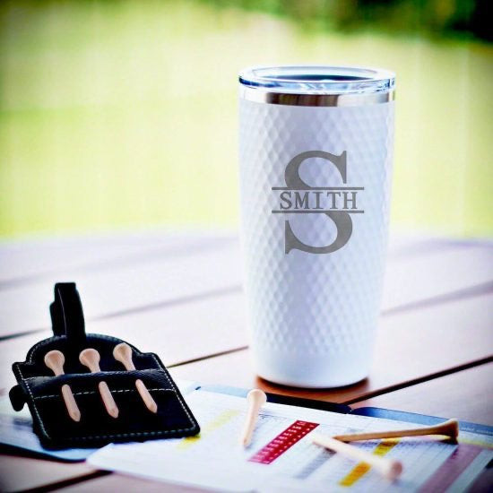 Custom white coffee tumbler with golf gear