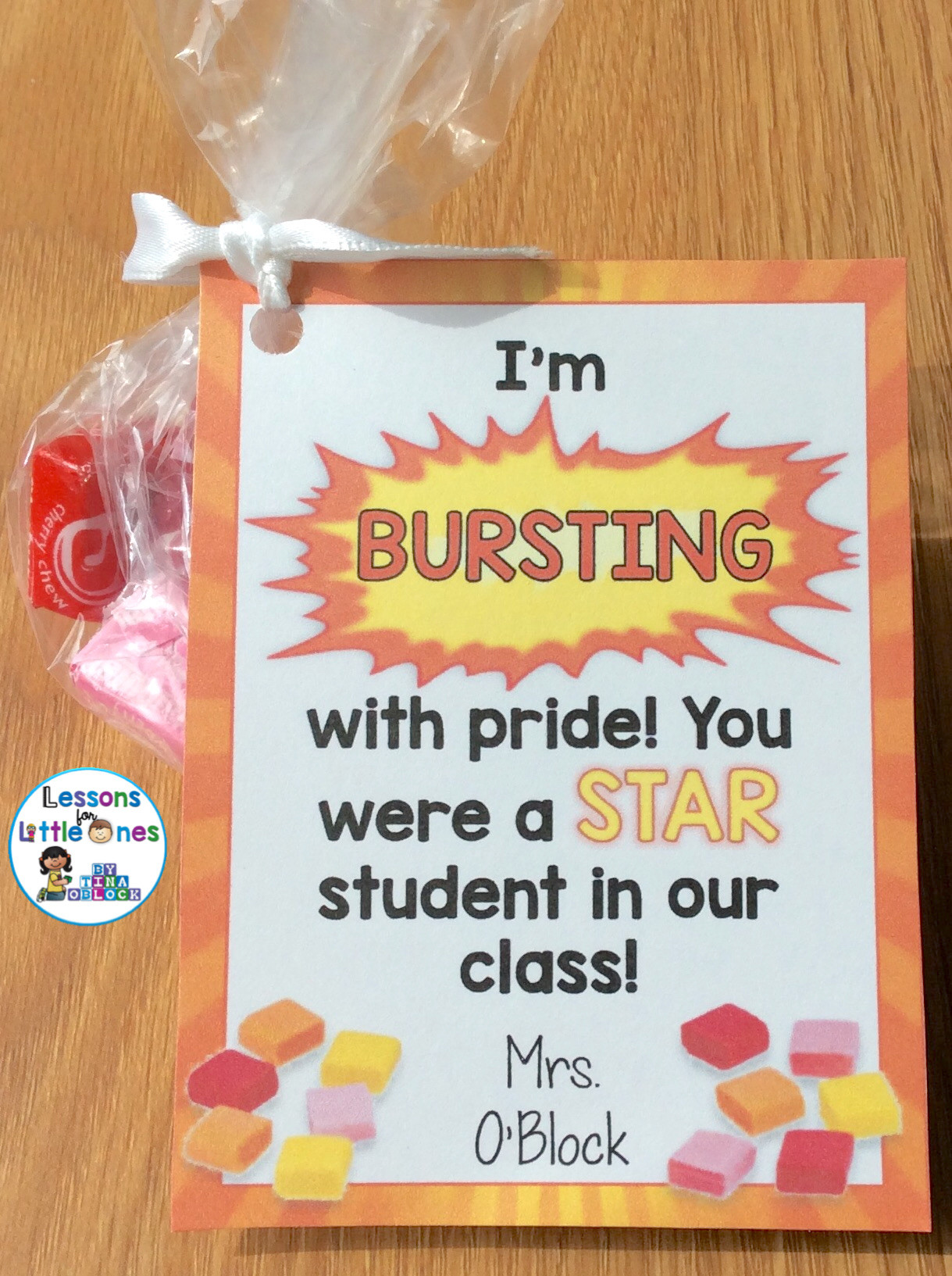 Cheerful End of the school year student gift featuring Starburst candies, accompanied by a tag perfect for a burst of summer fun.