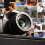 A camera with photos of people in the background