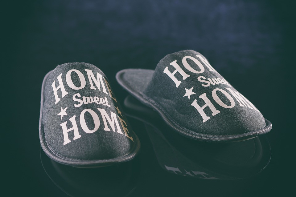Slip-on house shoes that say 