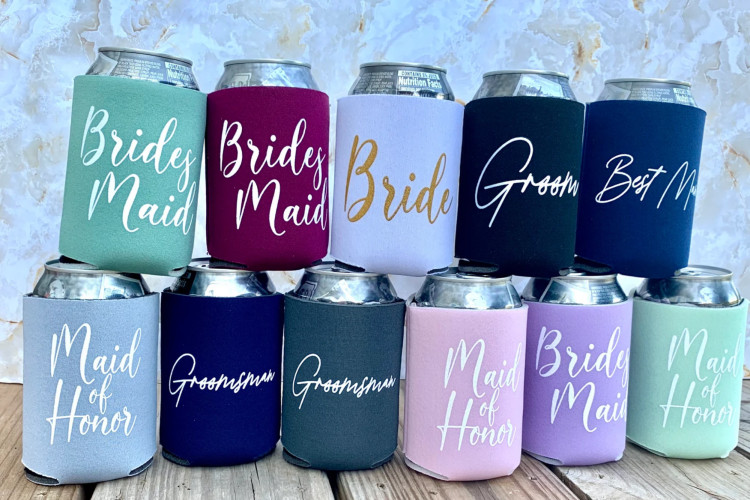 Custom beer koozies with bridesmaid titles, an affordable and fun bridesmaid gift.