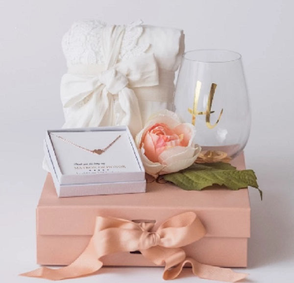 Bella Gift Set complete gift set with jewelry, wine glass, champagne flute, and robe, a luxurious and comprehensive maid of honor gift box