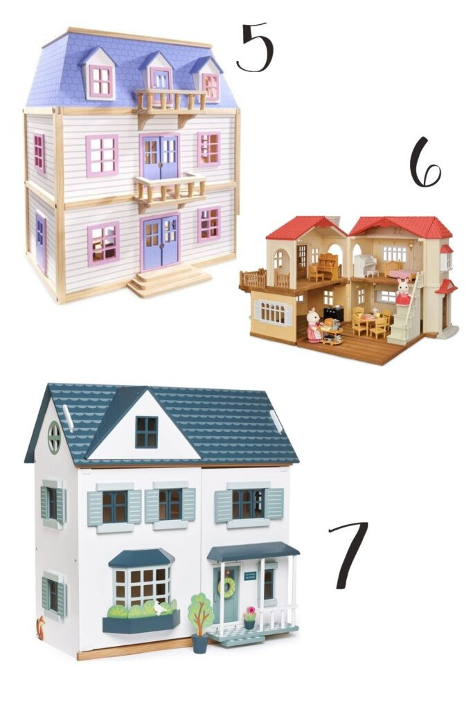A collection of various dollhouses are showcased, including traditional houses, a barn, and a modern farmhouse, presenting a range of styles and sizes to inspire different types of imaginative play.