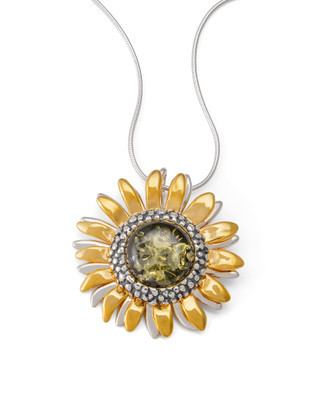 Green Amber Sunflower Pendant Necklace