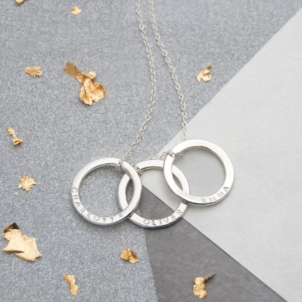 Sterling Silver Personalized Triple Ring Necklace: A thoughtful and romantic gift for wife, engraved with names or dates on interlocking rings