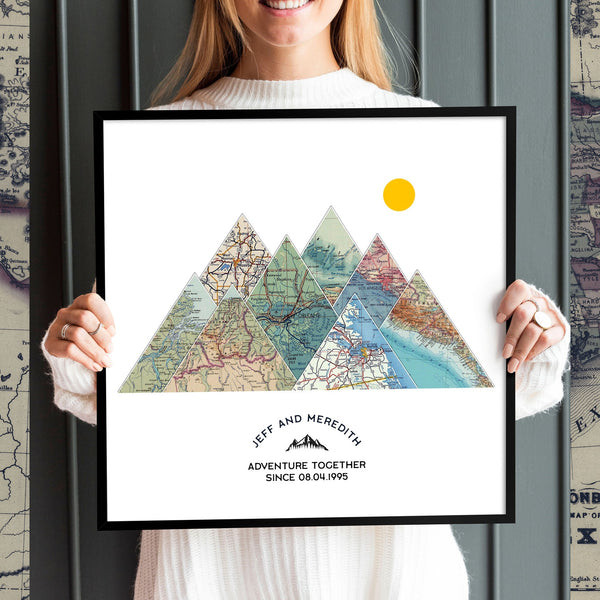Adventure Wall Print: A romantic gift for adventurous wives, a framed map collage of shared travel memories
