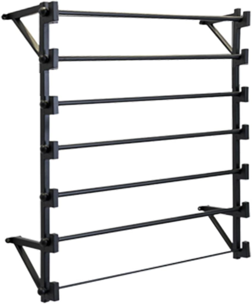A black metal wall-mounted rack with six horizontal bars offers a sleek solution for organizing gift wrapping essentials or elegant display, demonstrating a modern ribbon storage system.