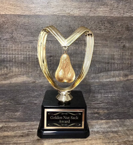 Golden Nut Sack Trophy, a funny and outrageous gag gift for awards and pranks