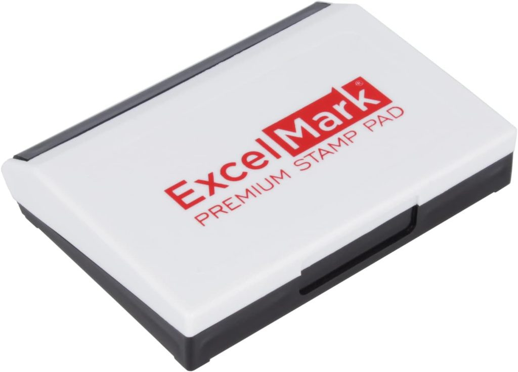 White and black ExcelMark premium stamp pad with logo on the lid, perfect for gift wrapping projects, showcasing ink pads for stamping on gift tags and wrapping paper.