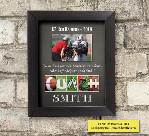 Customizable printable art with football elements spelling COACH and space for team photo, perfect for quick coach gifts
