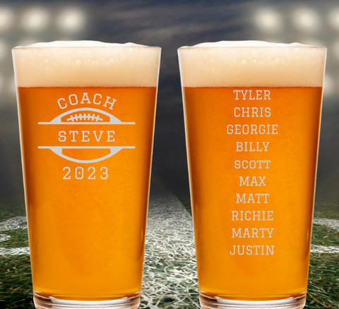 Personalized pint glass with &quot;Coach&quot; design, custom name, year, and team member names, a celebratory gift for coaches