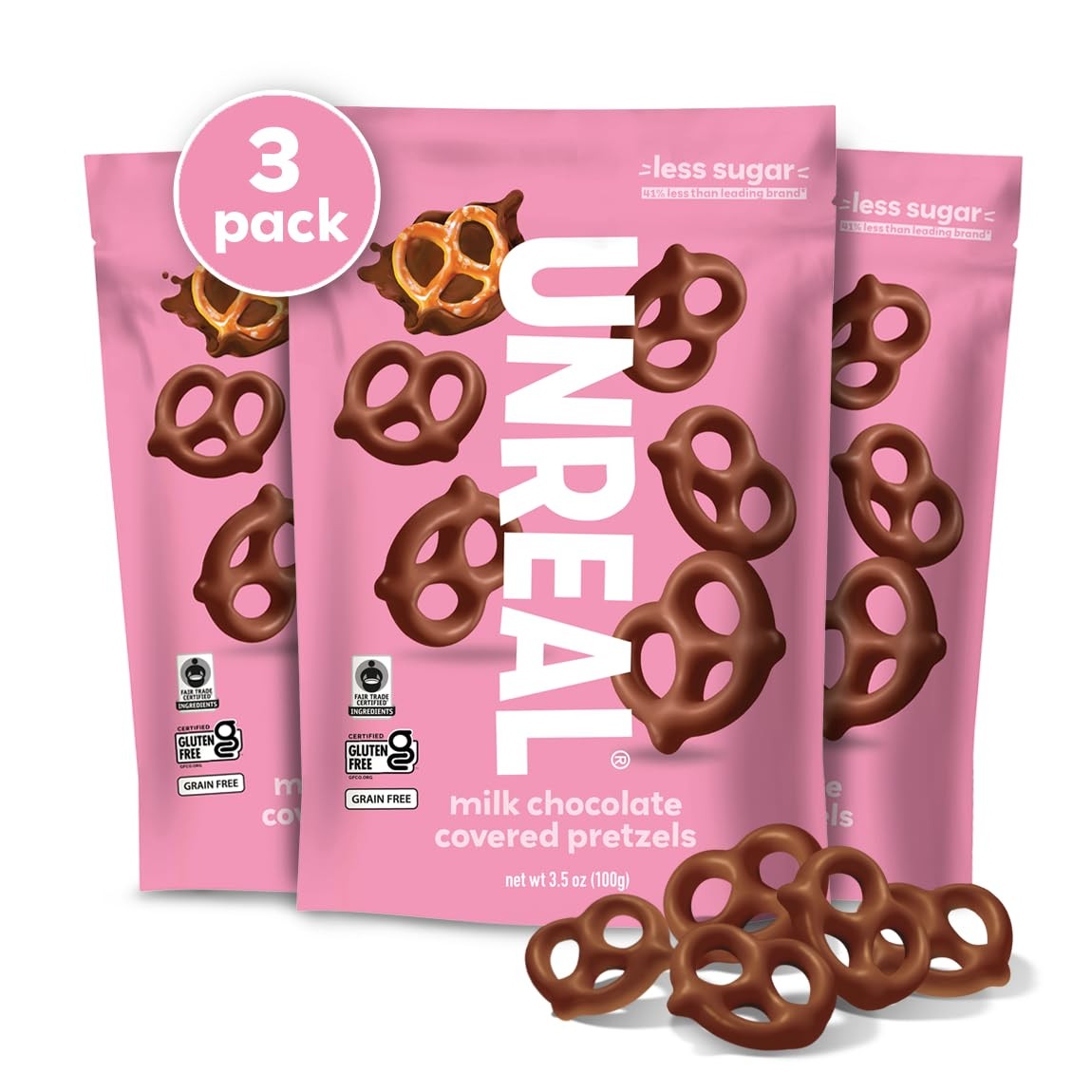 Three-pack of Gluten Free Chocolate Covered Pretzels, emphasizing their chocolate coating and pretzel crunch.