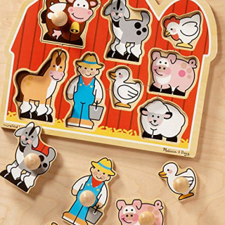 Melissa &amp; Doug Farm Animals Jumbo Knob Wooden Puzzle, a wooden puzzle board with farm animal pieces and large knobs