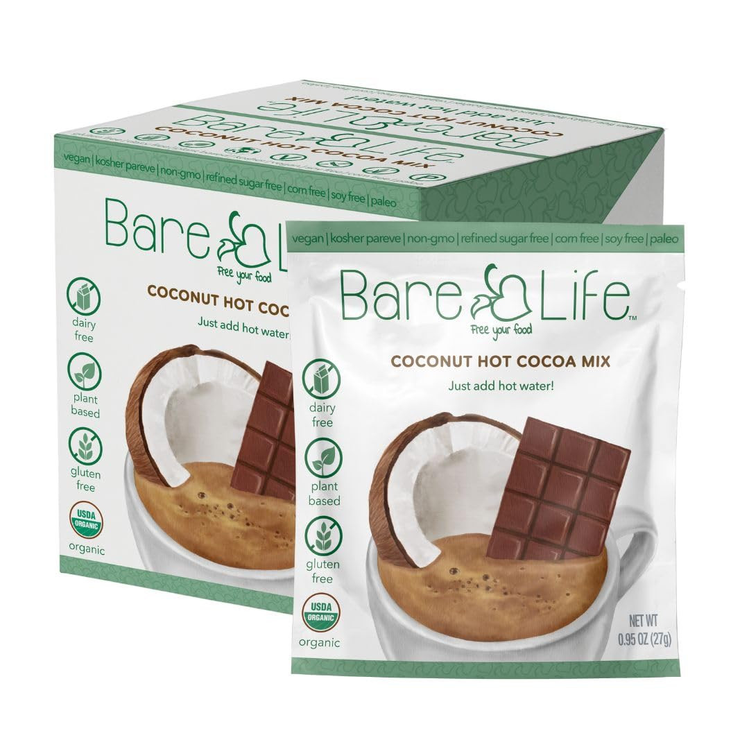 Box of Vegan Hot Chocolate Mix, emphasizing its dairy-free and coconut-based ingredients.