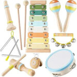 A toddler musical instrument set featuring various wooden percussion instruments.