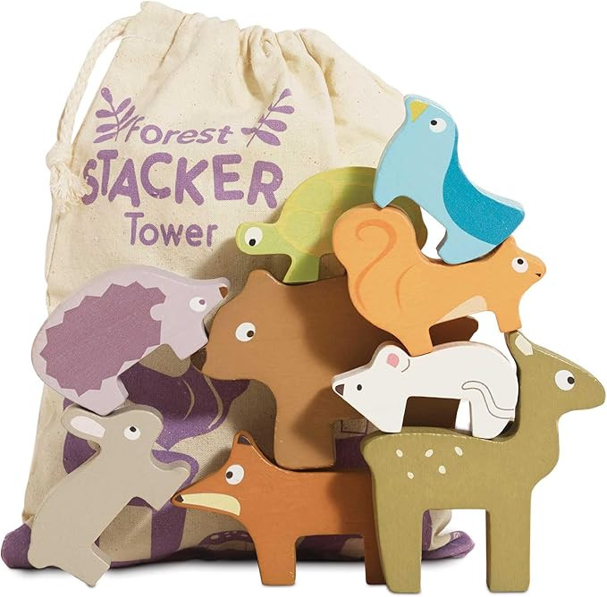 A wooden forest-themed stacking puzzle toy for toddlers.