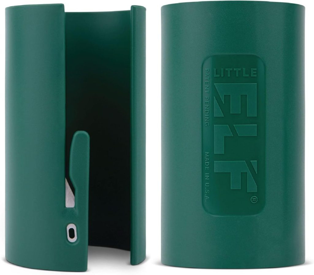 The Green Little Elf gift wrapping cutter, viewed from the side and back, features its blade in a partially open position, showcasing a specialized tool for safely cutting wrapping paper.
