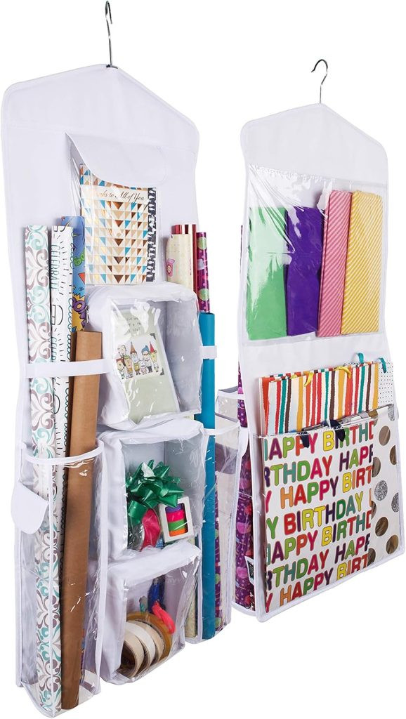 Gift wrapping is effortless with hanging organizers featuring clear pockets to neatly hold your wrapping paper rolls, gift bags, and ribbons, demonstrating vertical storage solutions for wrapping paper and supplies.