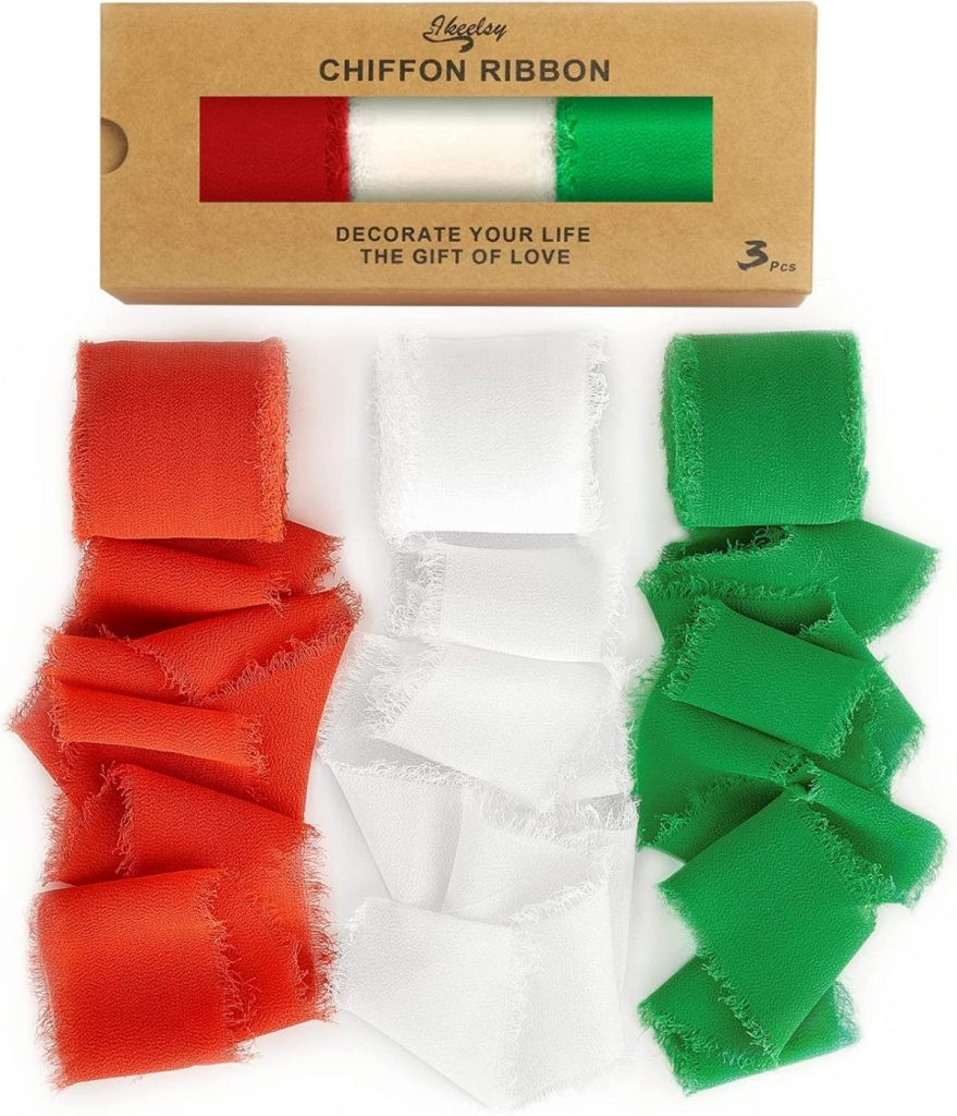 Set of three chiffon ribbons in a box for gift wrapping: one red, one white, and one green. The label reads , showcasing delicate chiffon ribbon options for elegant gift packaging.