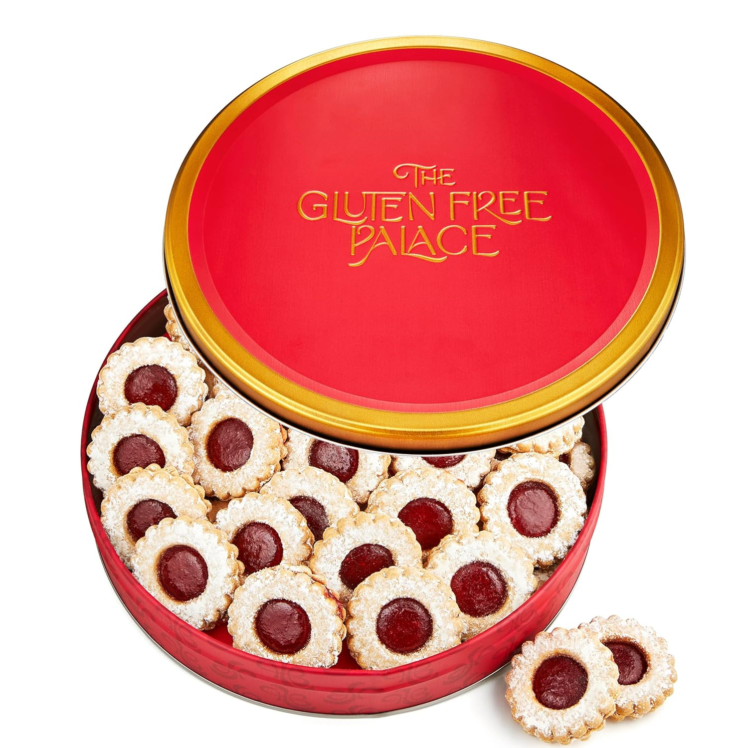 Tin of Gluten Free Linzer Tart Cookies, emphasizing their raspberry filling and decorative appearance.