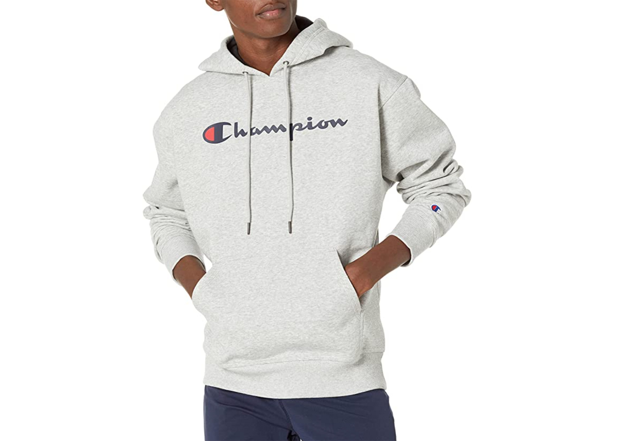Champion Men's Powerblend Hoodie, showcasing the classic logo and comfortable fleece material, ideal for casual wear.