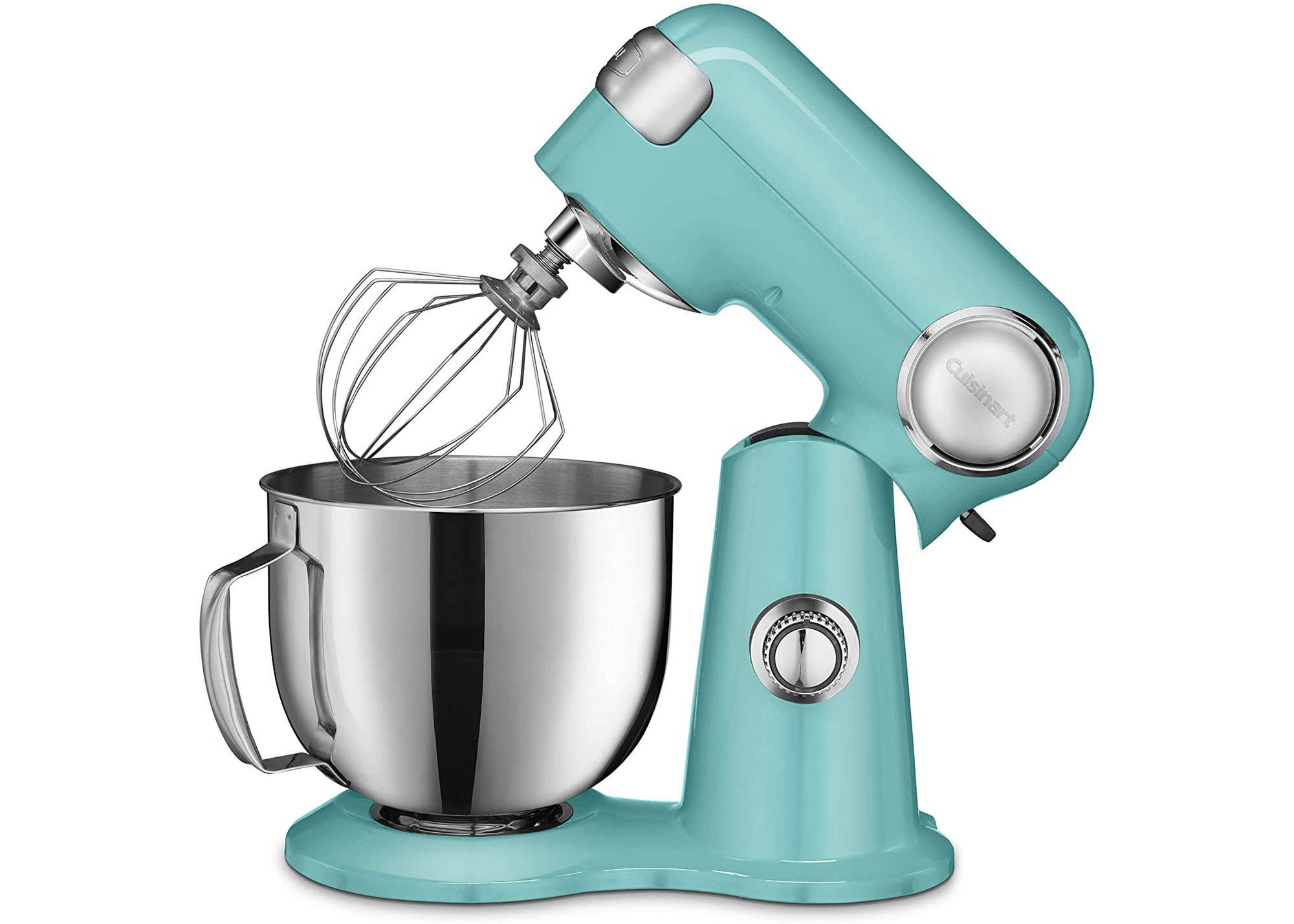 Cuisinart Stand Mixer in turquoise, displaying its sleek design and mixing bowl, highlighting its function as a kitchen appliance for baking.
