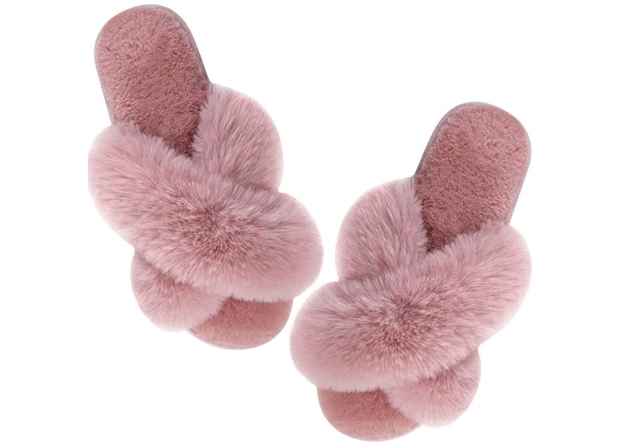 Parlovable Fuzzy Slippers, pink color, displaying the cross-band design and plush material, emphasizing comfort for indoor wear.