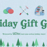 Wintry scene with text saying "Disc Golf Gifts"