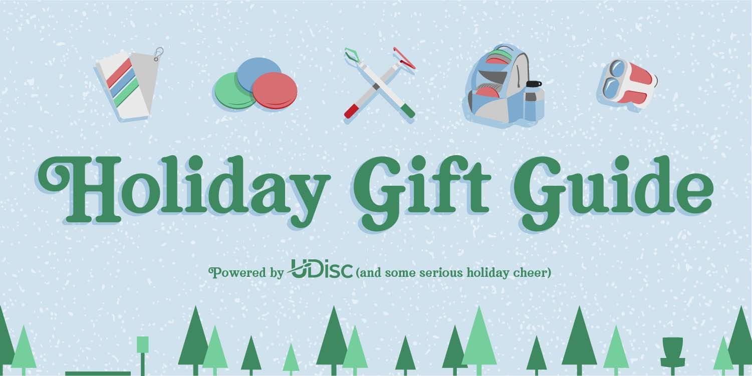Wintry scene with text saying "Disc Golf Gifts"