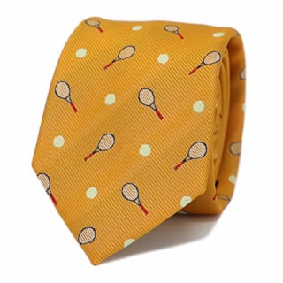 Navy blue tennis necktie with racket and ball pattern