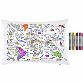 A Doodle World Map Pillowcase with continents outlined and washable markers