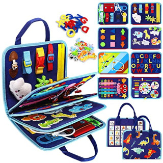 Esjay Toddler Busy Board, a fabric busy board with multiple sensory activities like zippers, buttons, and buckles