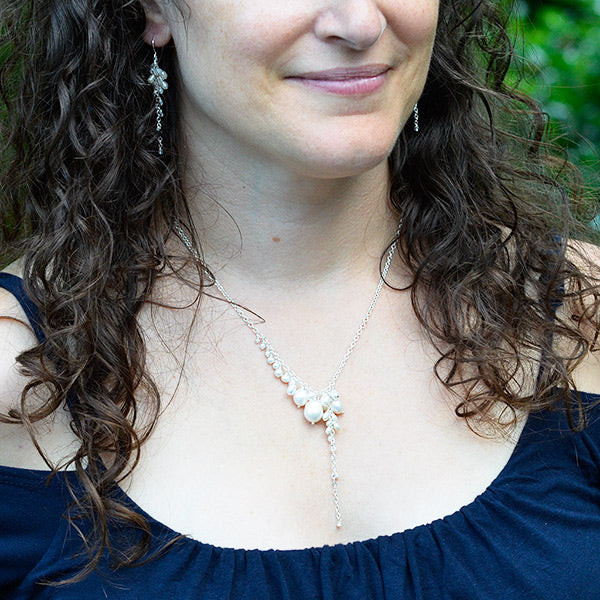 asymmetrical pearl necklace and pearl chandelier dangle earrings, handmade in Seattle