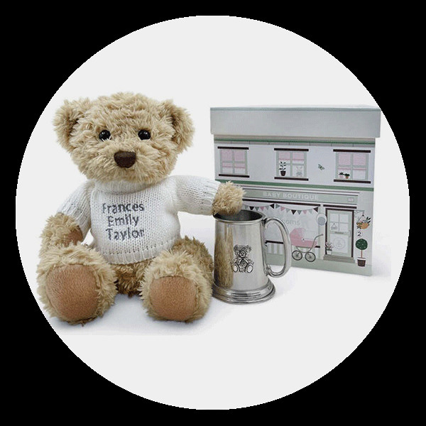 Bertie Bear's Traditional Pewter Christening Tankard from Babyblooms, a classic and heirloom baptism gift set, including a personalized teddy bear and pewter mug.