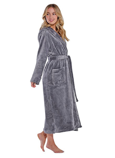 A smiling woman modeling a soft gray Plush Hooded Robe, a cozy birthday gift for a wife's comfort.