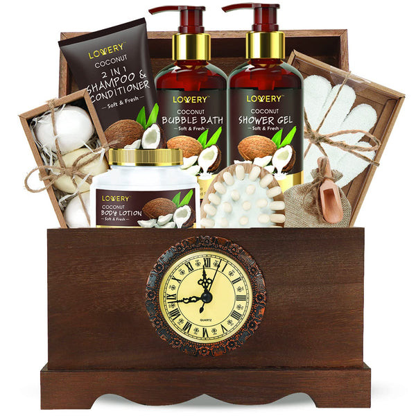 A beautifully packaged Luxury Coconut Bath Set in a wooden box, a sophisticated self-care birthday gift for a wife.