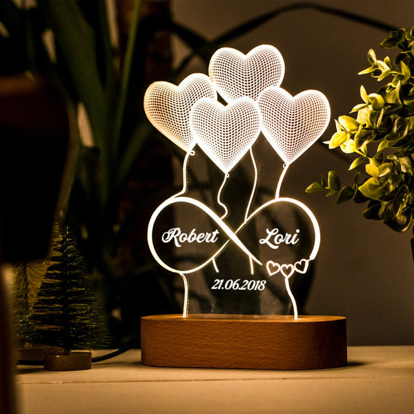 A softly glowing Personalized Infinity Light, a unique and custom birthday gift for a wife.