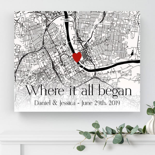 ‘Where It All Began’ Personalized Map artfully displayed, a sentimental birthday gift idea for a wife.