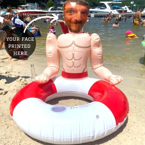 Custom Pool Float featuring a funny face photo, a hilarious and oversized gift for pool parties