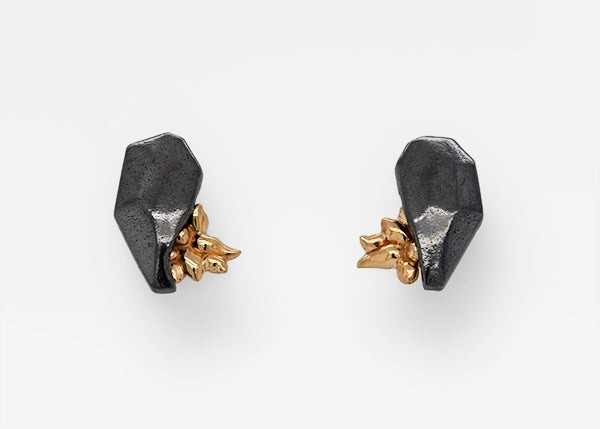 darkened sterling silver rock with 14k yellow gold flower burst, handmade one of a kind post earrings, made in USA, Seattle