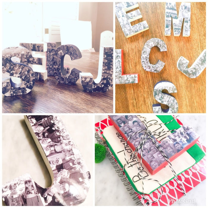 Wooden letter art project displaying class photos and decorations as a unique and personal teacher appreciation gift.