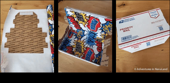 Mailer box decorated inside with colorful wrapping paper and gifts, a creative way to mail money as a present