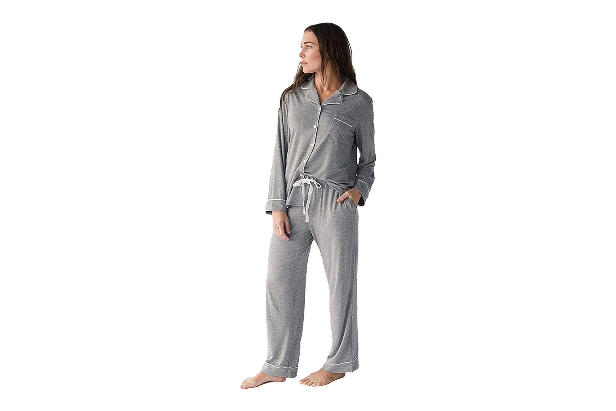 Woman in Cozy Earth Pajamas, demonstrating the comfortable fit and soft bamboo fabric, highlighting luxury sleepwear as a gift.