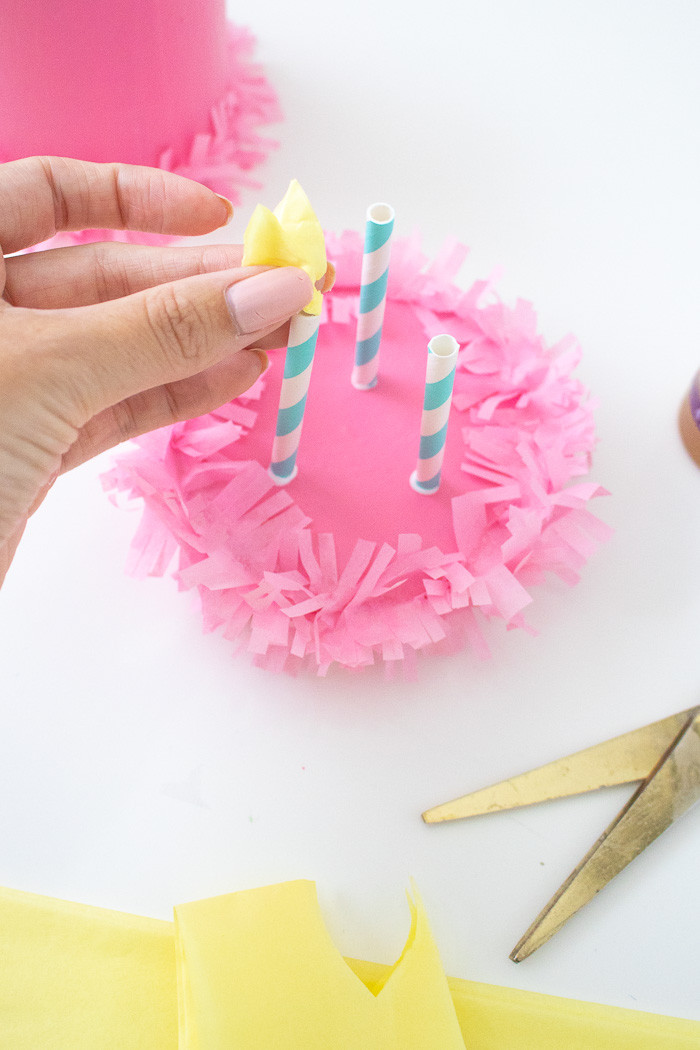 Adding Straw Candles to DIY Birthday Cake Gift Box