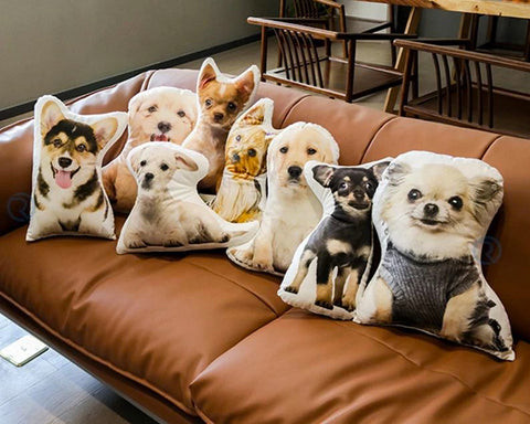Dog shaped pillow with a custom printed dog image