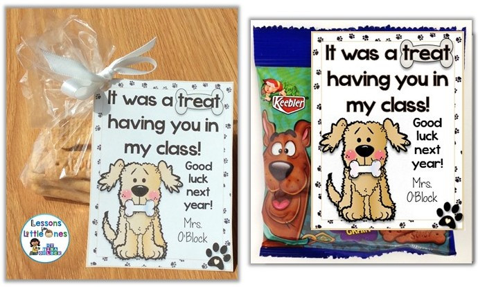 Adorable end of the school year student gifts and gift tags featuring a dog theme, ideal for teachers giving treats with a 'treat' pun.